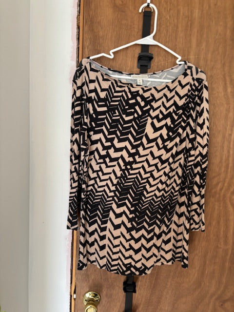 Cream & Black Dressy Blouse with U-Neck - Large