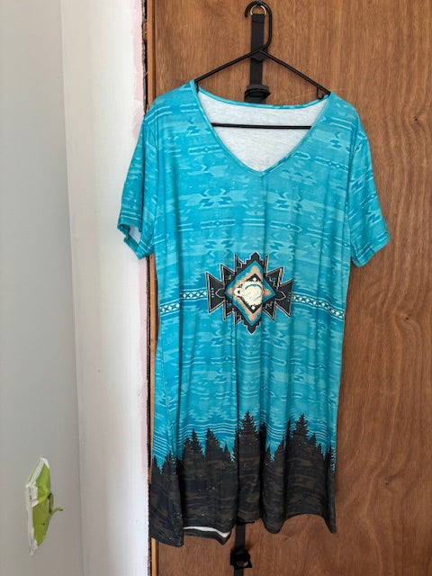 Turquoise Aztec Print Long Cover-Up / Nightgown - XL