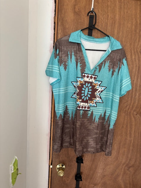 Turquoise Aztec Print T-Shirt - XL (New)